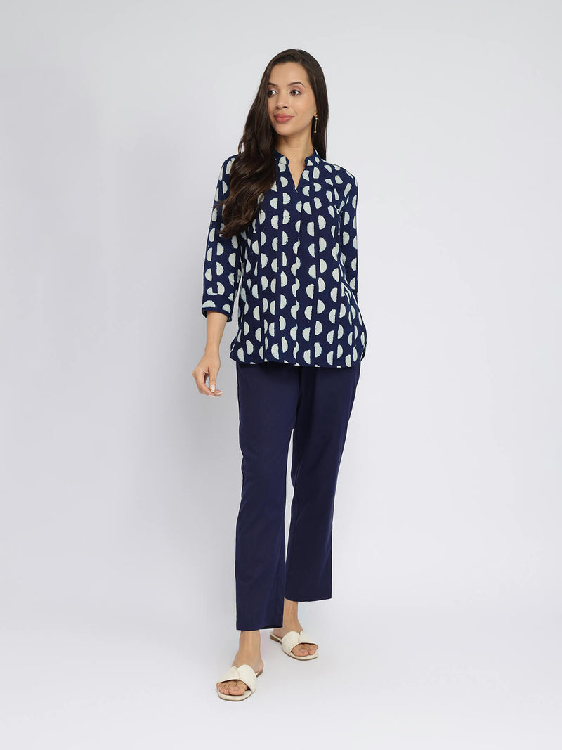 Cotton Dabu Half Polka Print Top - Indigo