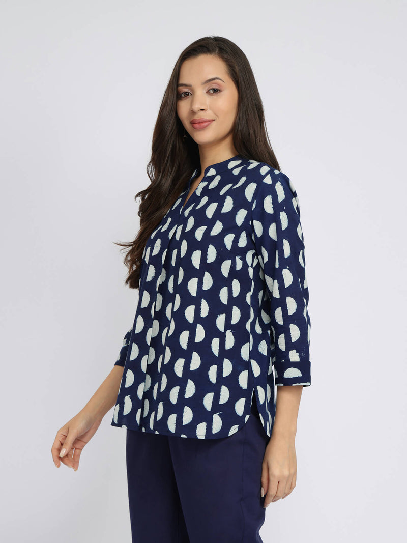 Cotton Dabu Half Polka Print Top - Indigo