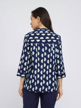 Cotton Dabu Half Polka Print Top - Indigo