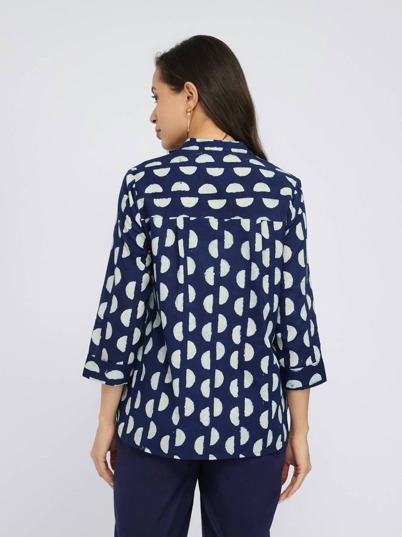 Cotton Dabu Half Polka Print Top - Indigo
