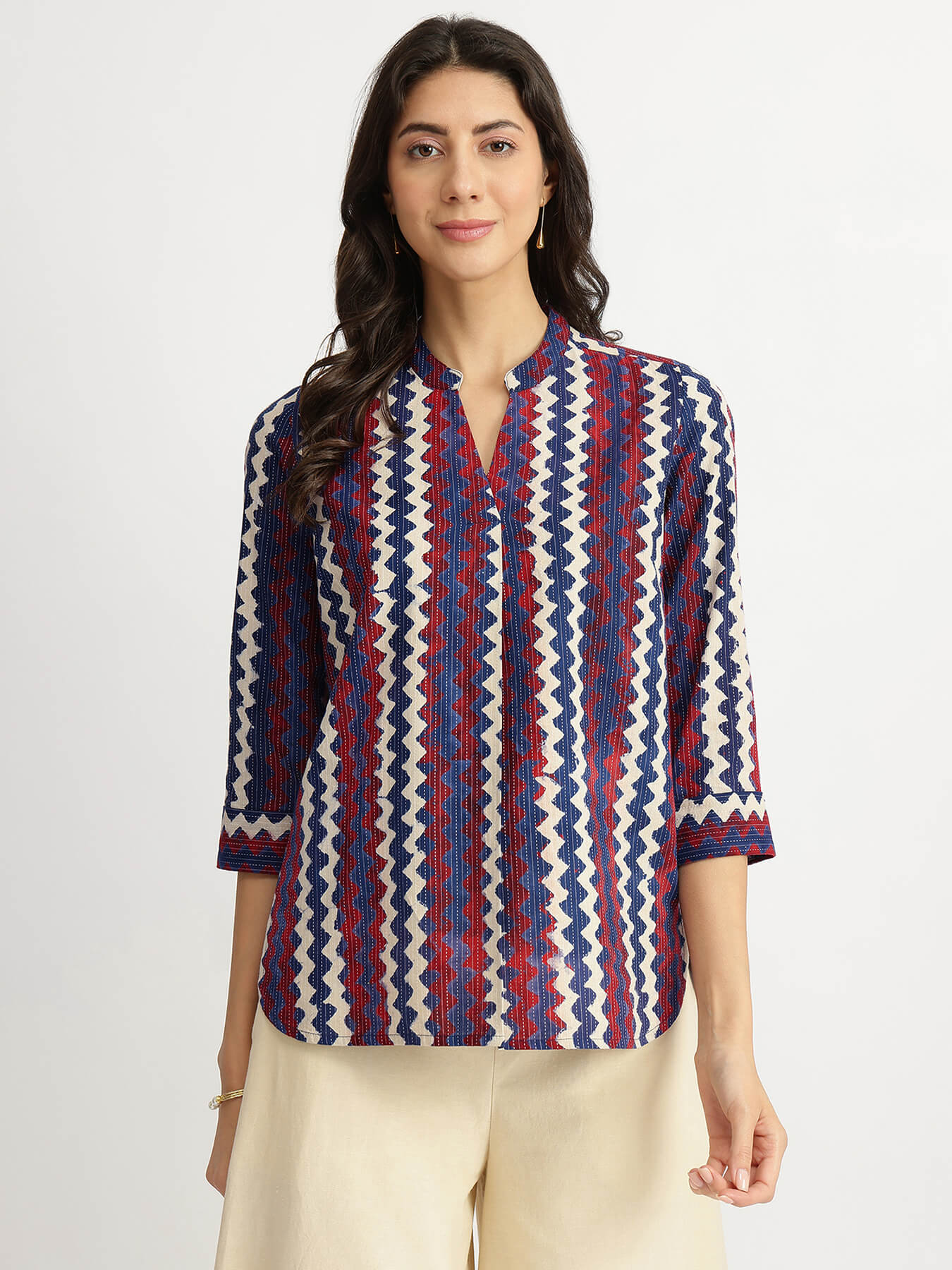 Cotton Dabu Chevron Print Top - Multicolour