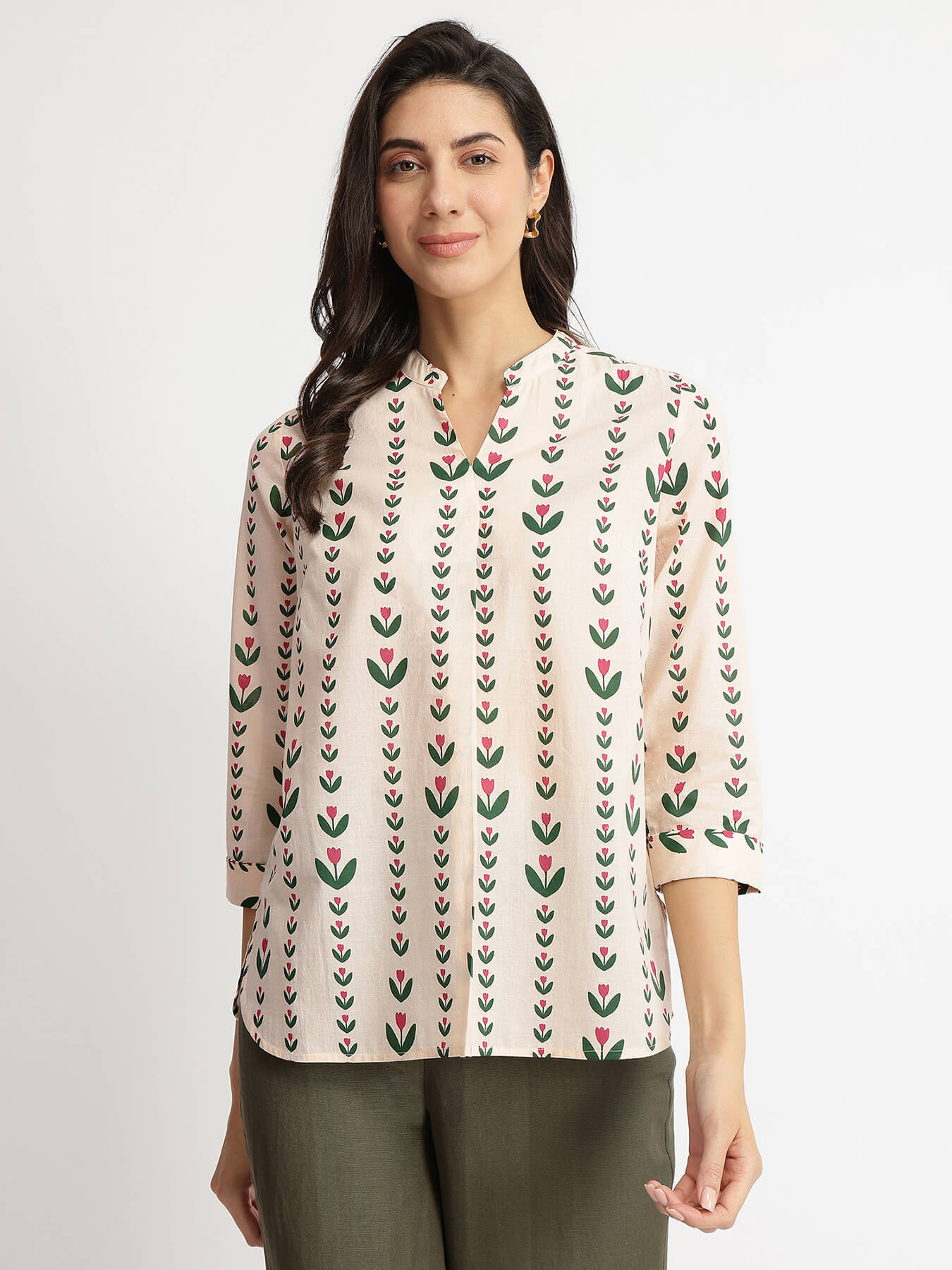 Cotton Floral Motif Top - Off-White & Green