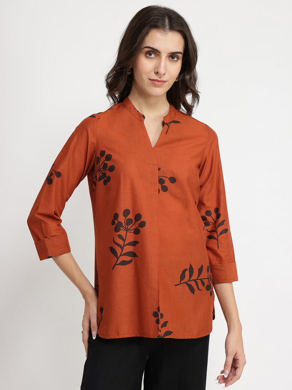 Cotton Floral Pleated Top - Rust