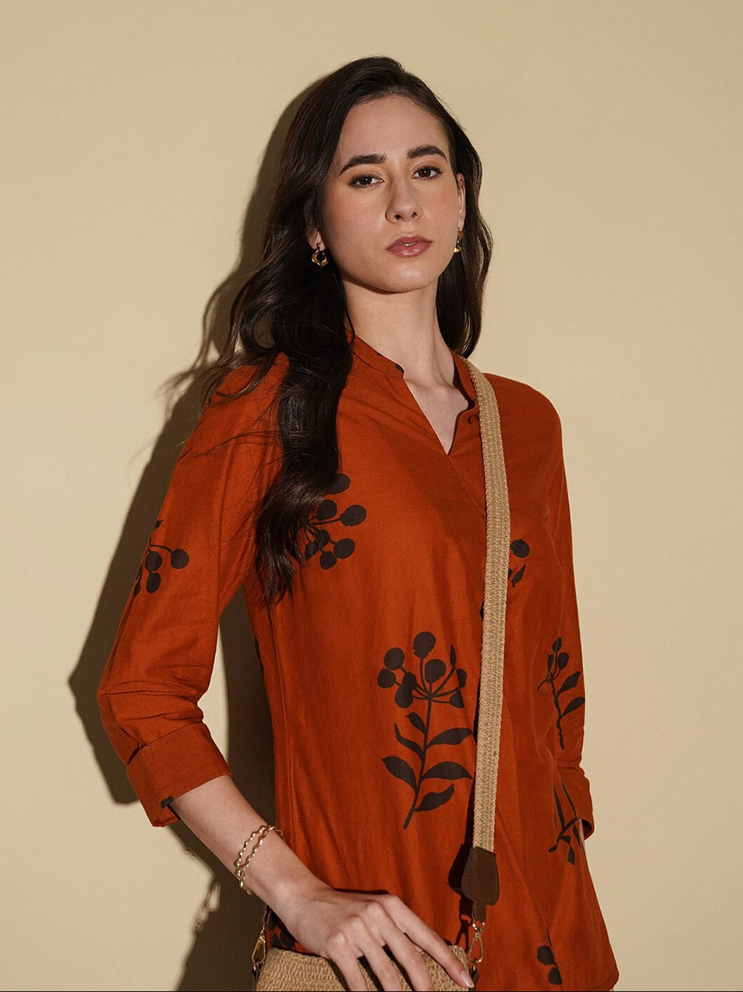Cotton Floral Pleated Top - Rust