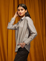 Silk Blend Cuffed Sleeve Shirt - Grey