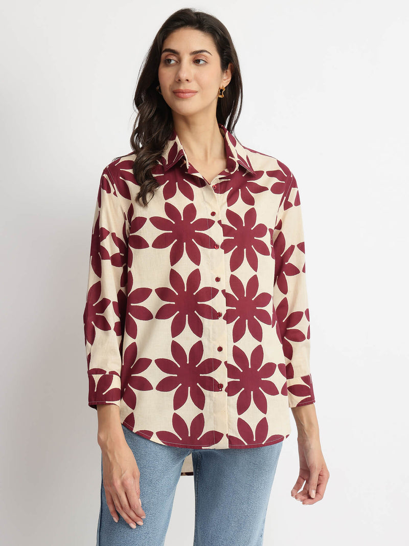 Cotton Dabu Handblock Floral Top - Cream & Wine