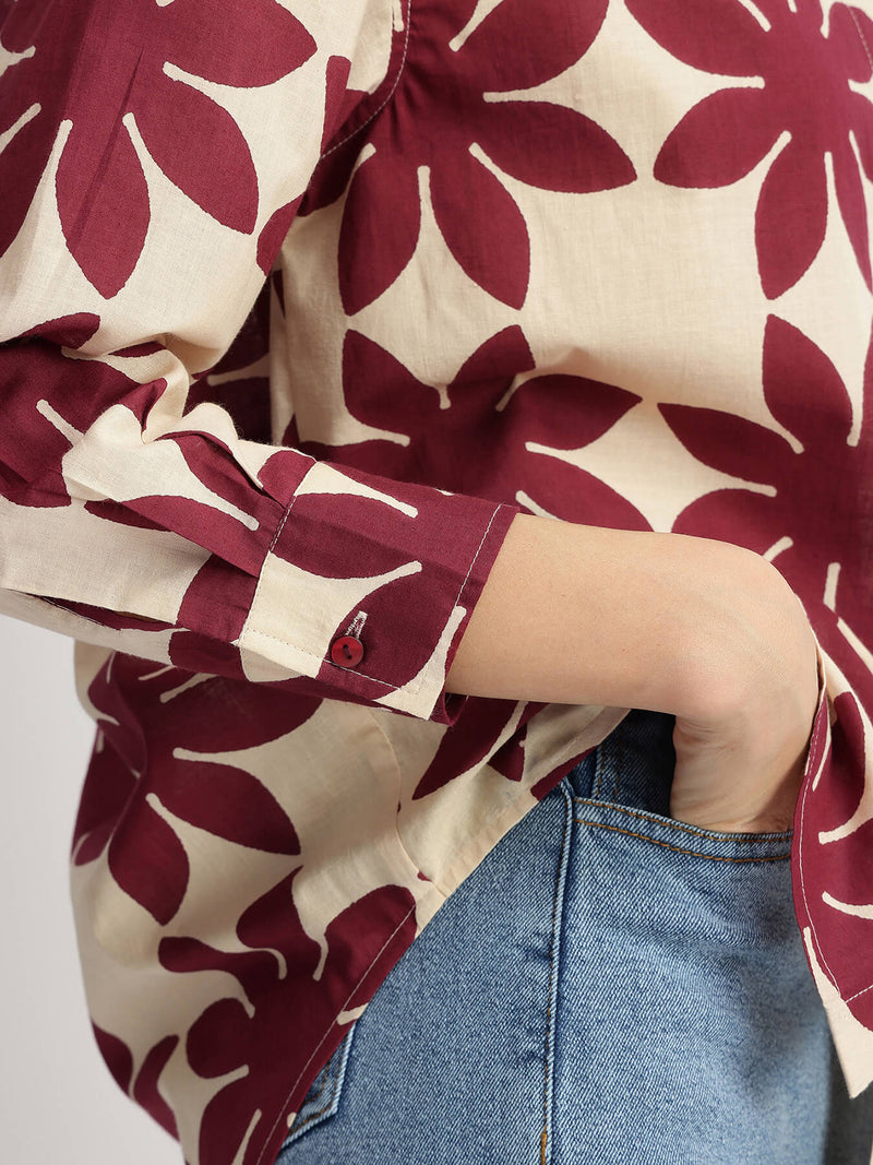 Cotton Dabu Handblock Floral Top - Cream & Wine