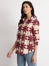 Cotton Dabu Handblock Floral Top - Cream & Wine