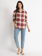 Cotton Dabu Handblock Floral Top - Cream & Wine