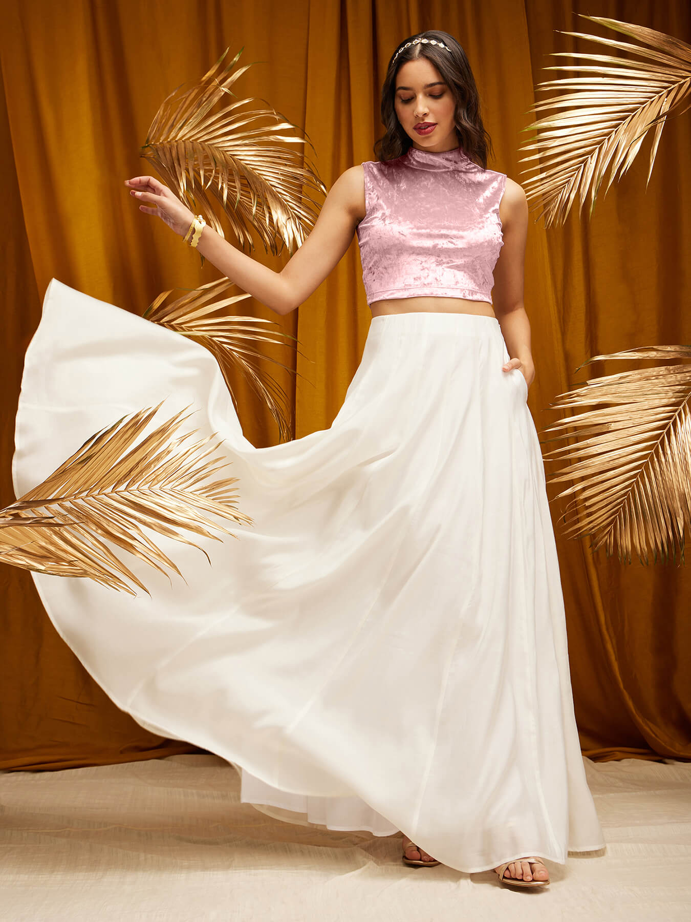 Velvet High Neck Blouse- Pink