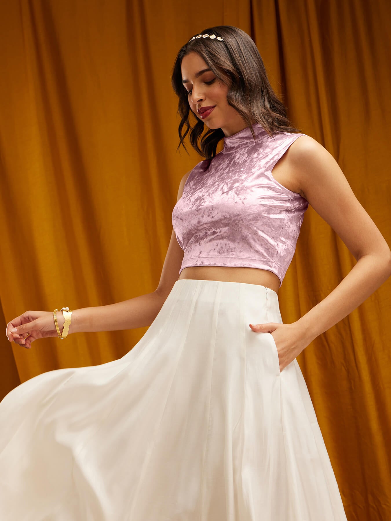 Velvet High Neck Blouse- Pink