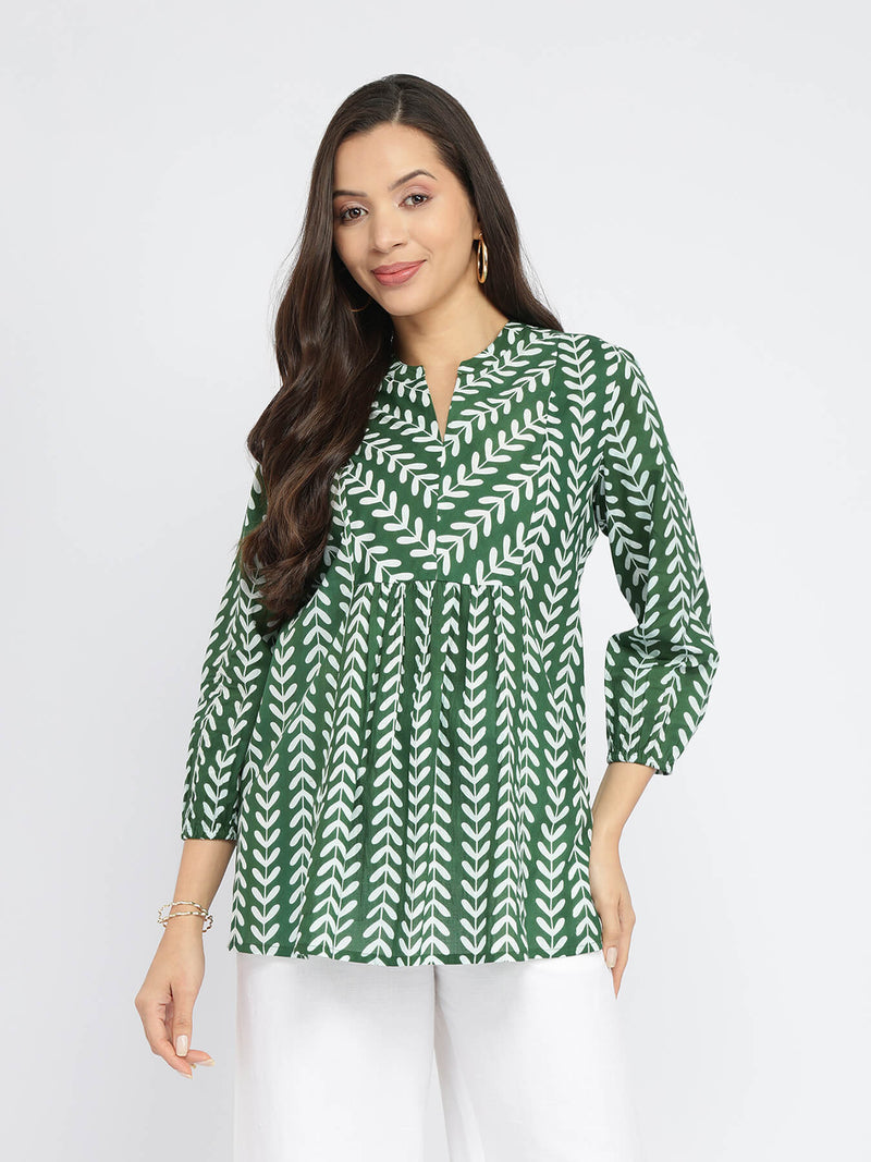 Cotton Leaf Print Striped Top - Green