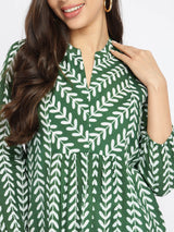 Cotton Leaf Print Striped Top - Green