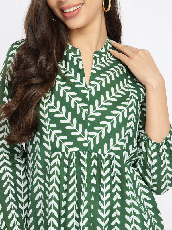Cotton Leaf Print Striped Top - Green