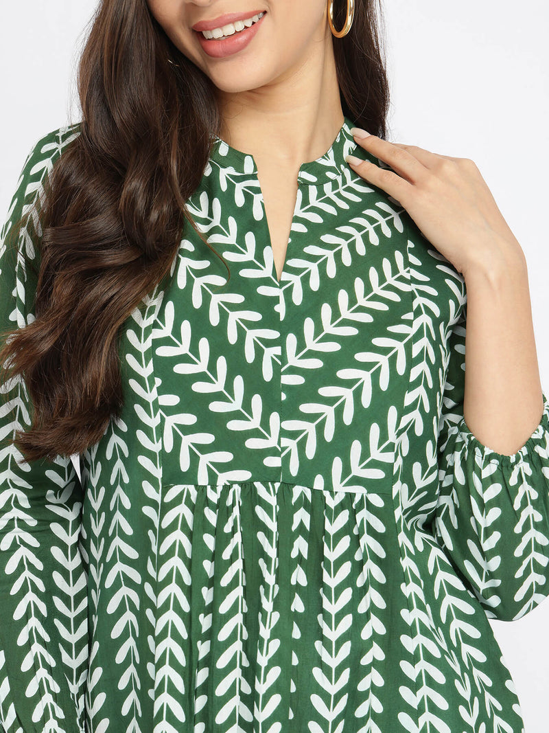 Cotton Leaf Print Striped Top - Green