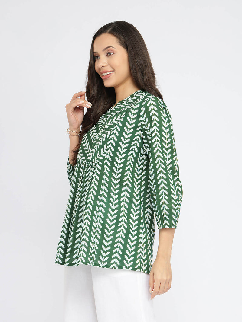 Cotton Leaf Print Striped Top - Green