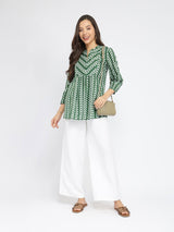 Cotton Leaf Print Striped Top - Green