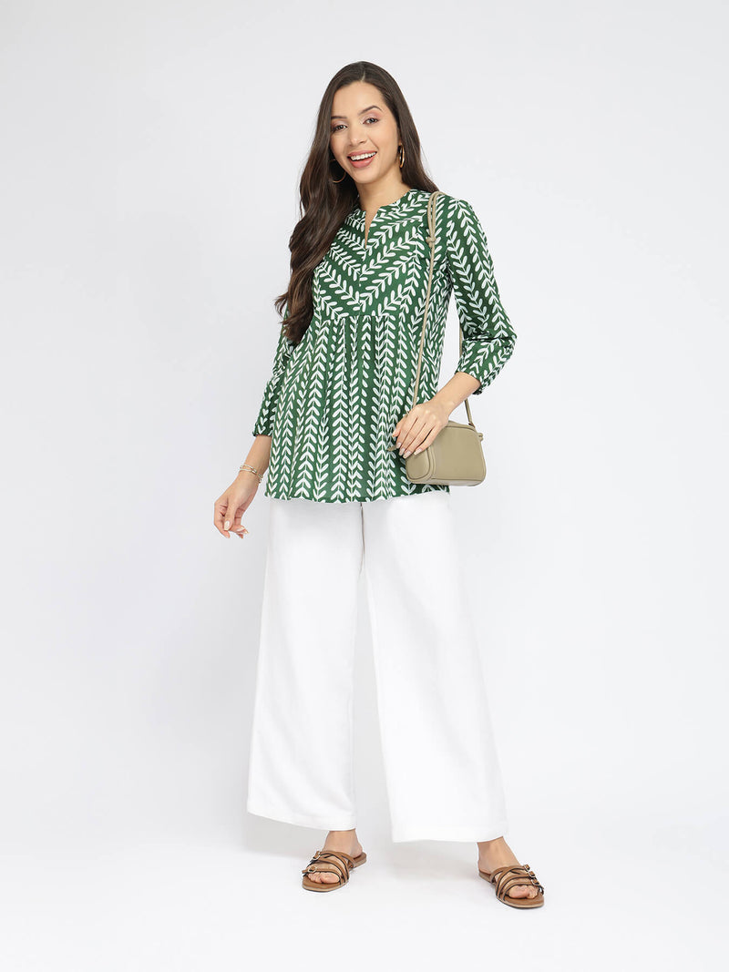 Cotton Leaf Print Striped Top - Green