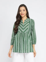Cotton Leaf Print Striped Top - Green