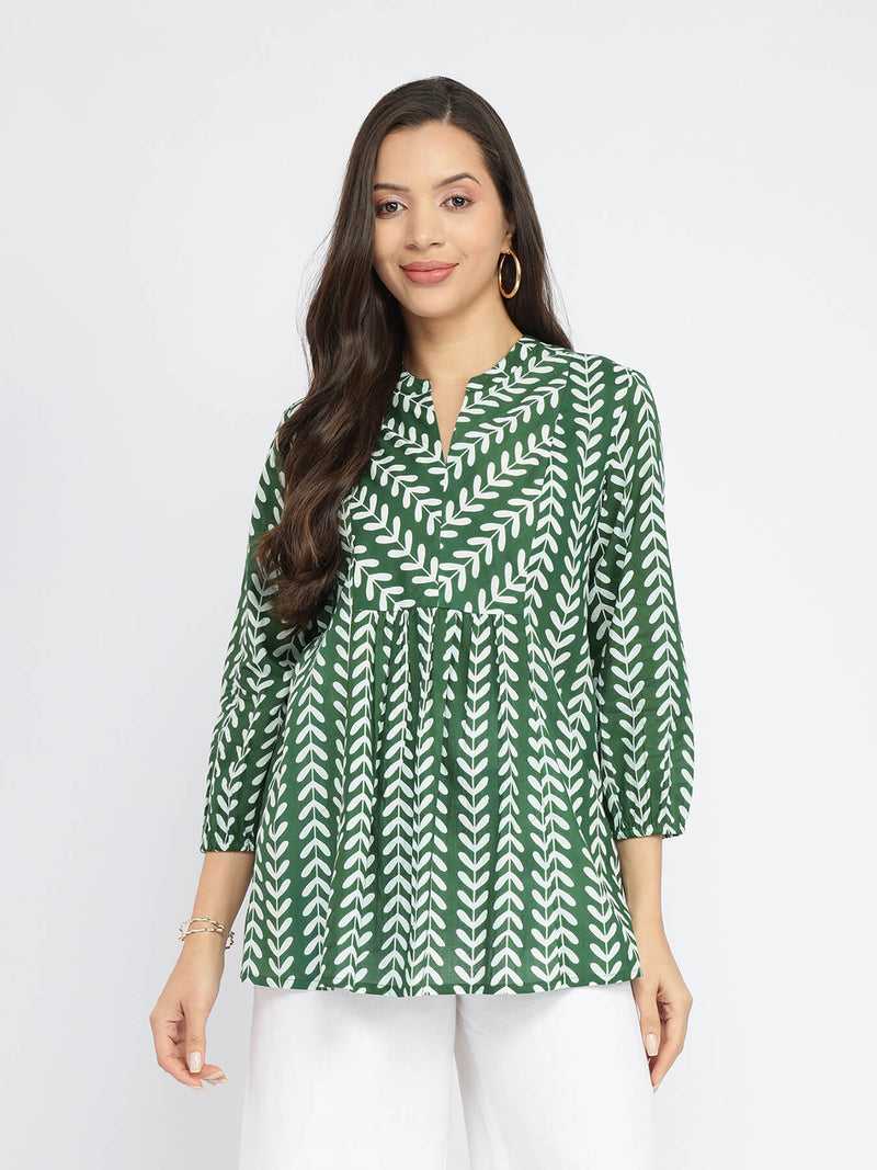 Cotton Leaf Print Striped Top - Green