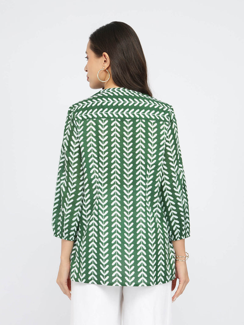 Cotton Leaf Print Striped Top - Green