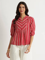 Cotton Striped Print Top - Red