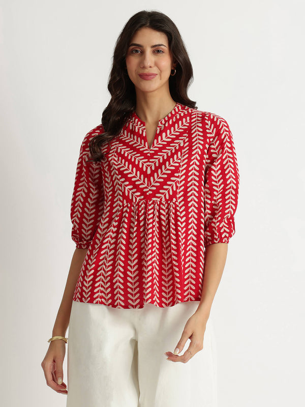 Cotton Striped Print Top - Red