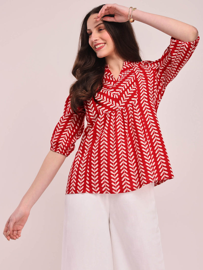 Cotton Striped Print Top - Red