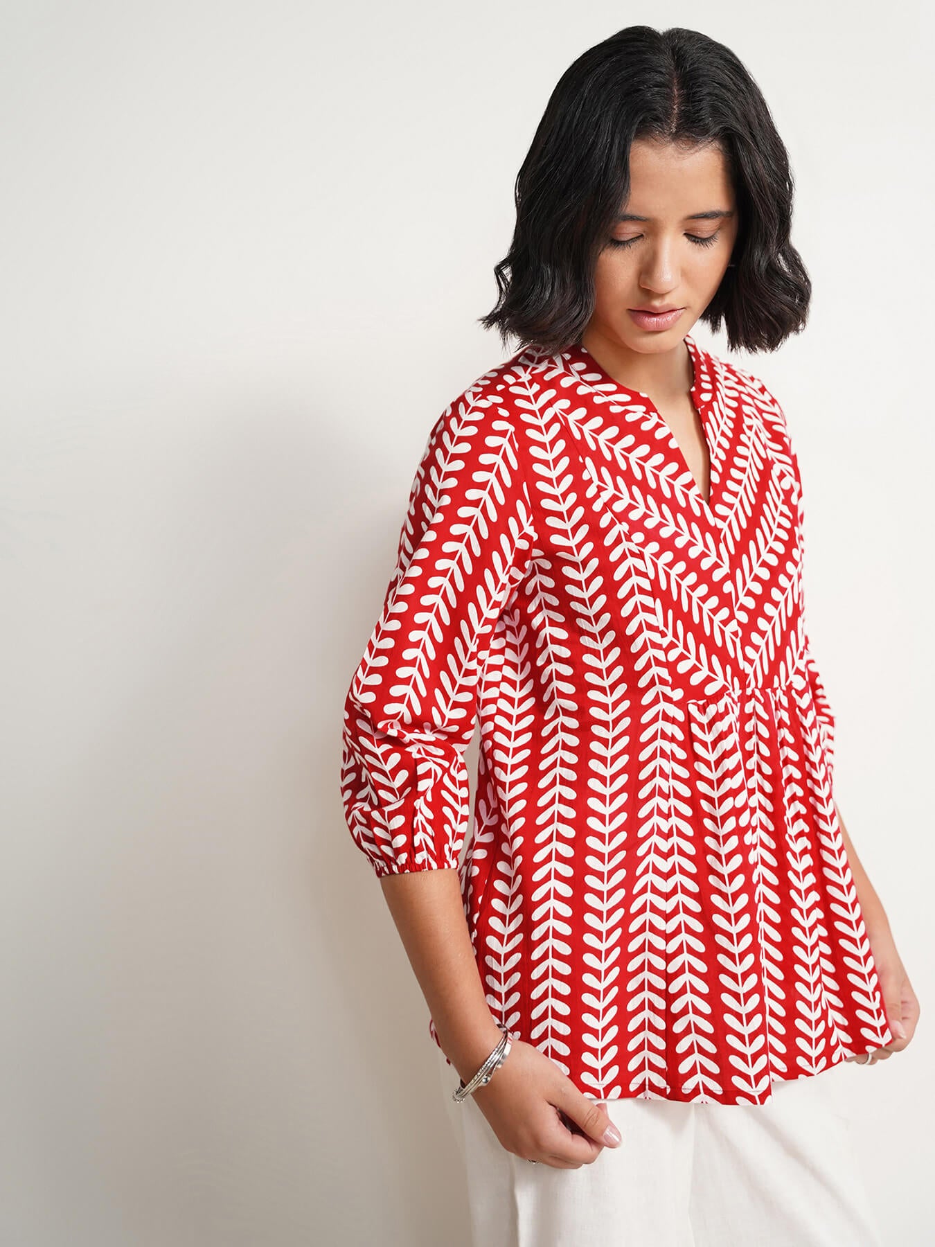 Cotton Striped Print Top - Red