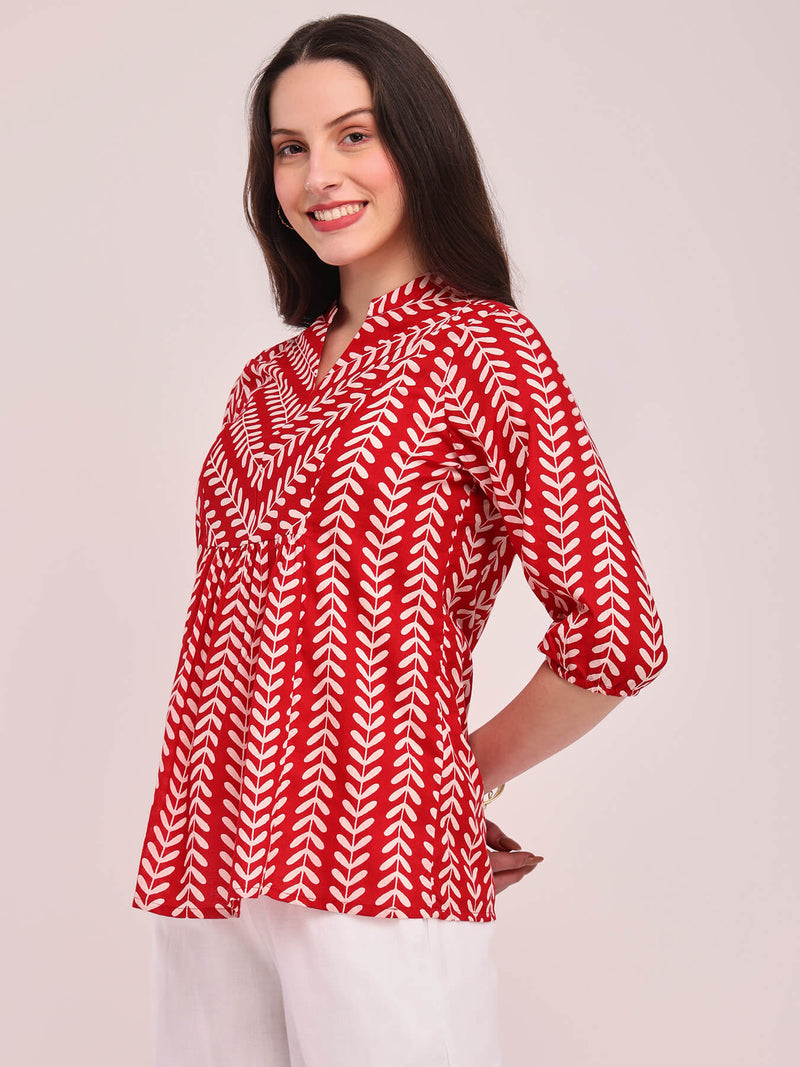 Cotton Striped Print Top - Red