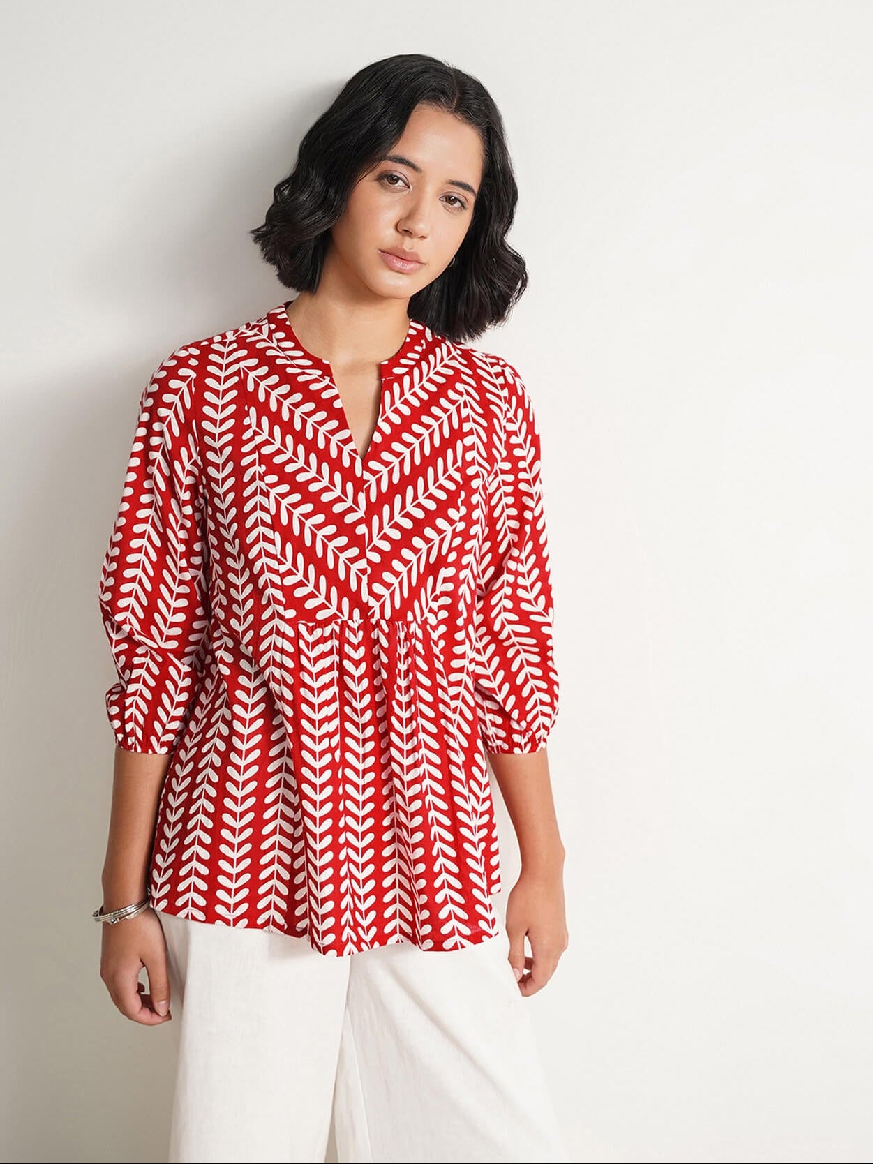 Cotton Striped Print Top - Red