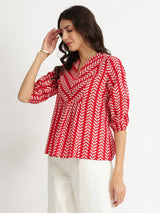 Cotton Striped Print Top - Red
