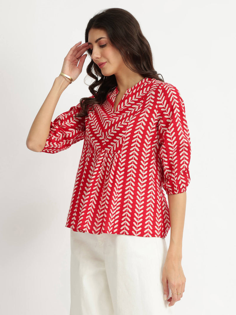 Cotton Striped Print Top - Red