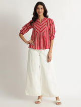 Cotton Striped Print Top - Red