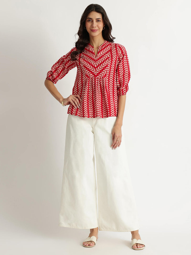 Cotton Striped Print Top - Red
