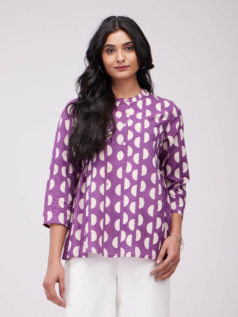 Cotton Dabu Geometric Print Top - Purple