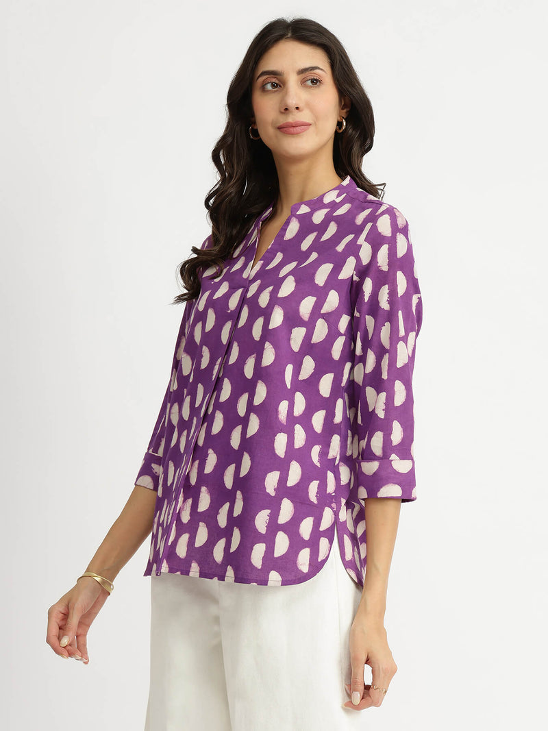Cotton Dabu Geometric Print Top - Purple
