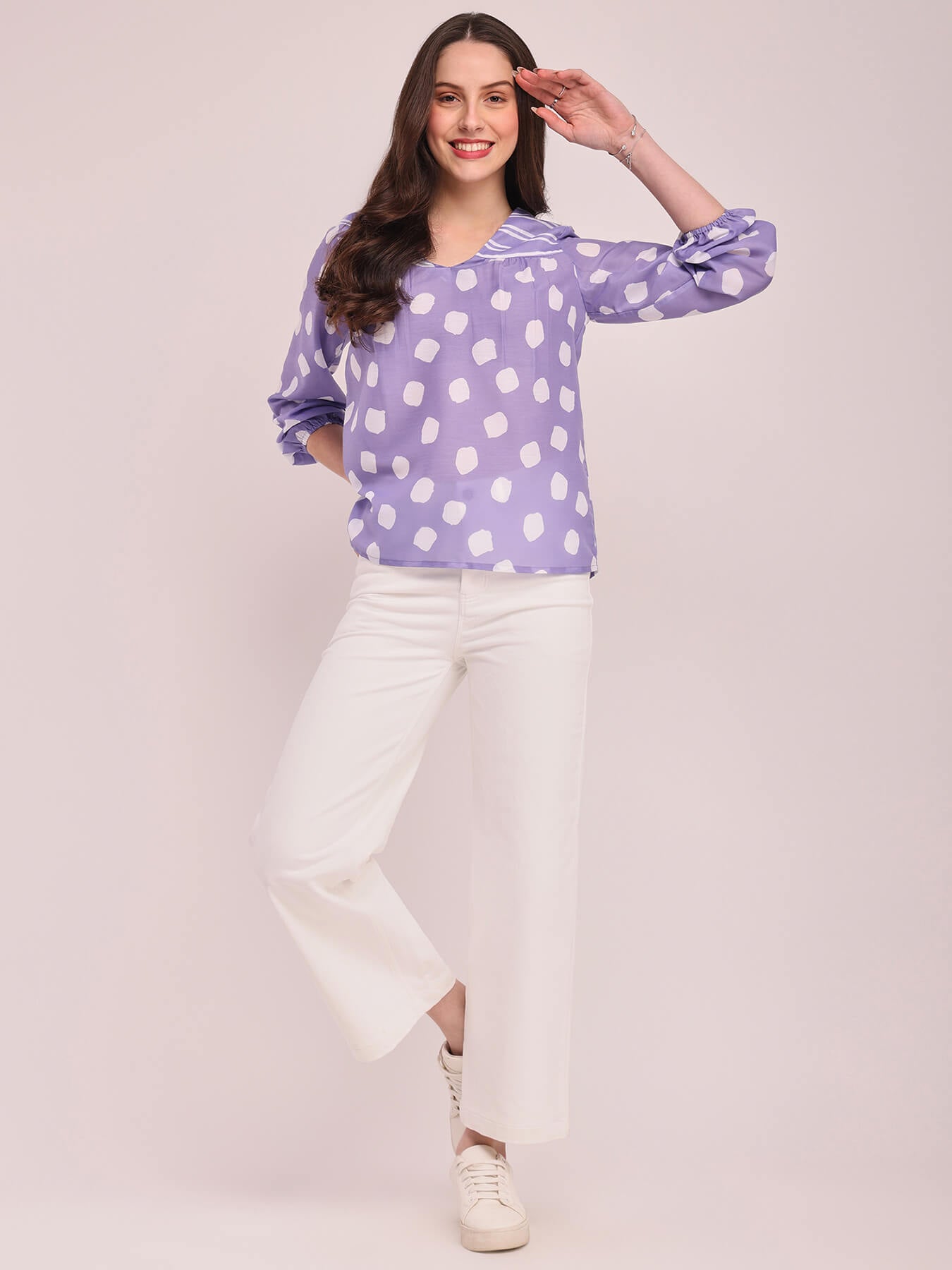 Polka Print V-Neck Top - Lilac
