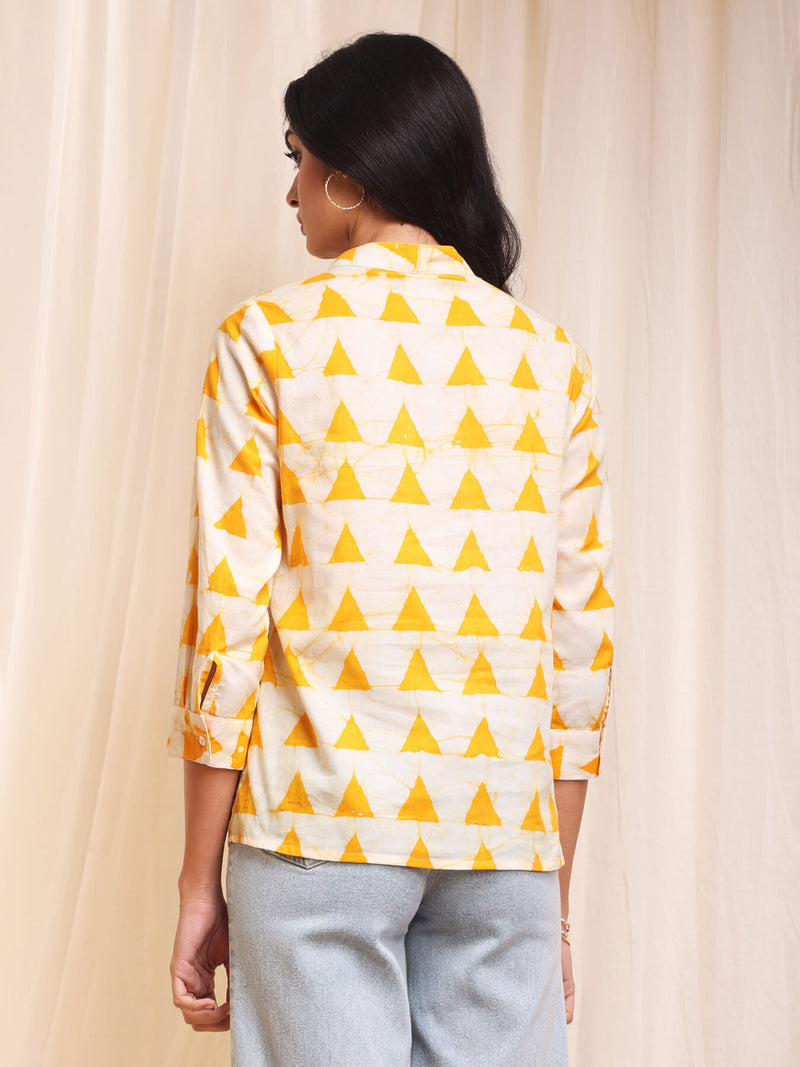 Cotton Batik Geometric Print Top - White & Yellow