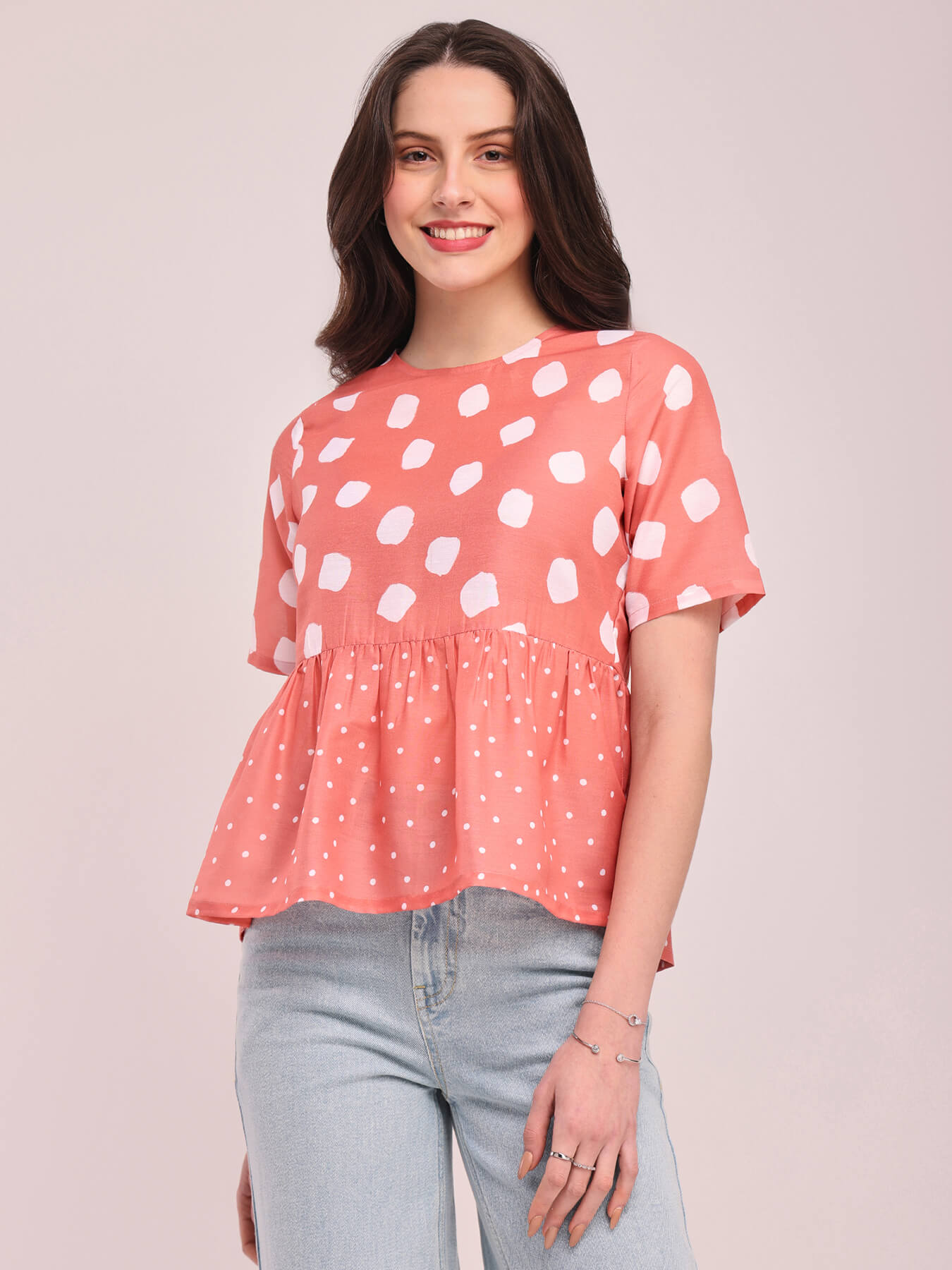 Polka Print Peplum Top - Peach