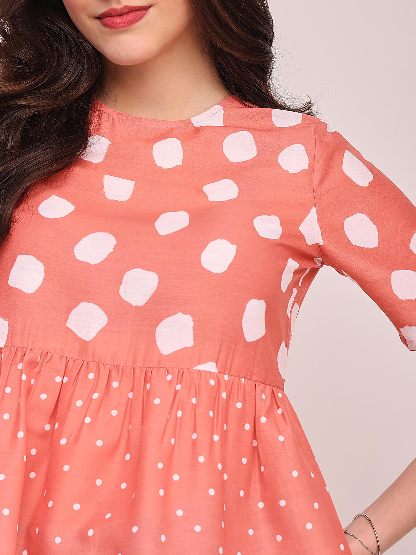 Polka Print Peplum Top - Peach