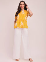 Cotton Floral Round Neck Top - Yellow