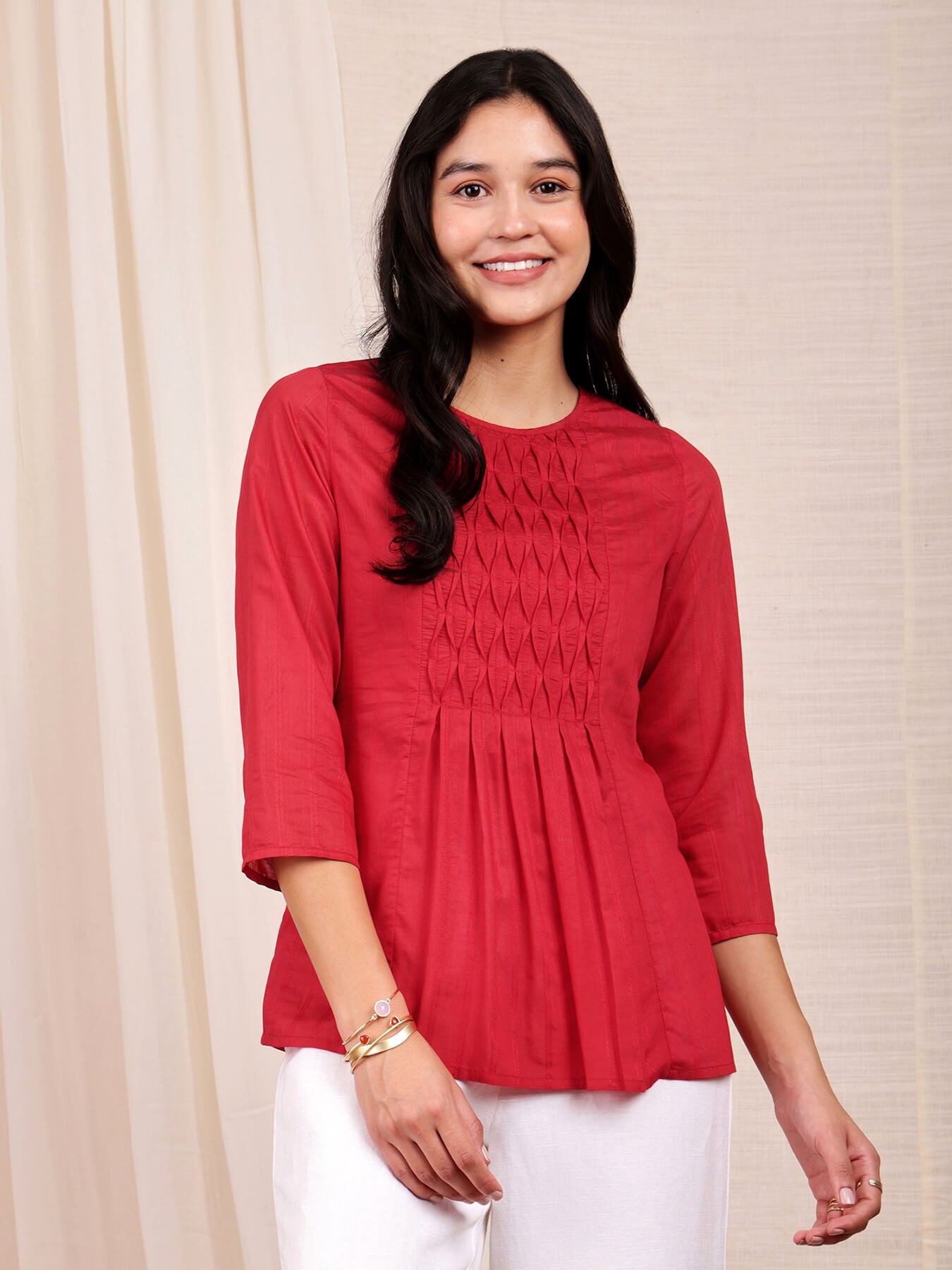 Chanderi Solid Pintuck Top - Red