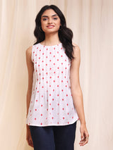 Cotton Sleeveless Pintuck Top - White & Red