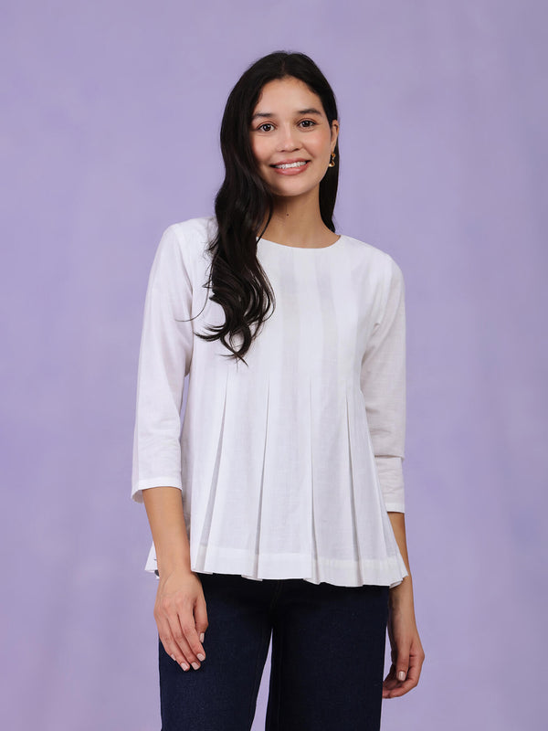 Cotton Relaxed Pleated Top - White