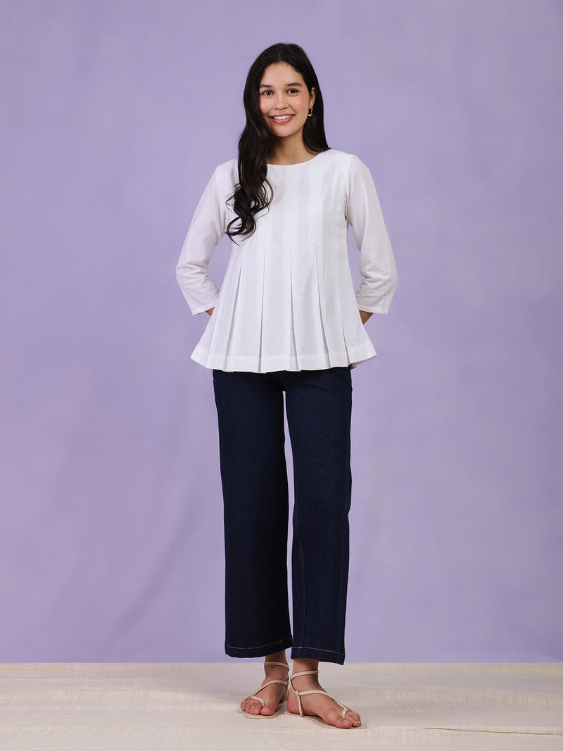 Cotton Relaxed Pleated Top - White