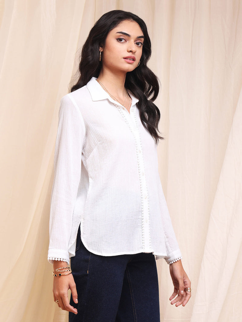 Cotton Solid Crinkle Shirt - White