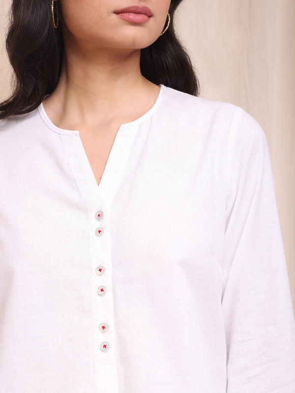 Cotton Front-Pleat Buttoned Top - White
