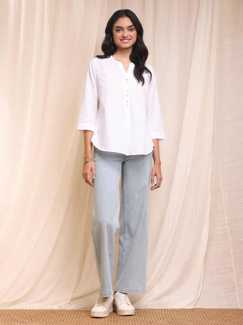 Cotton Front-Pleat Buttoned Top - White