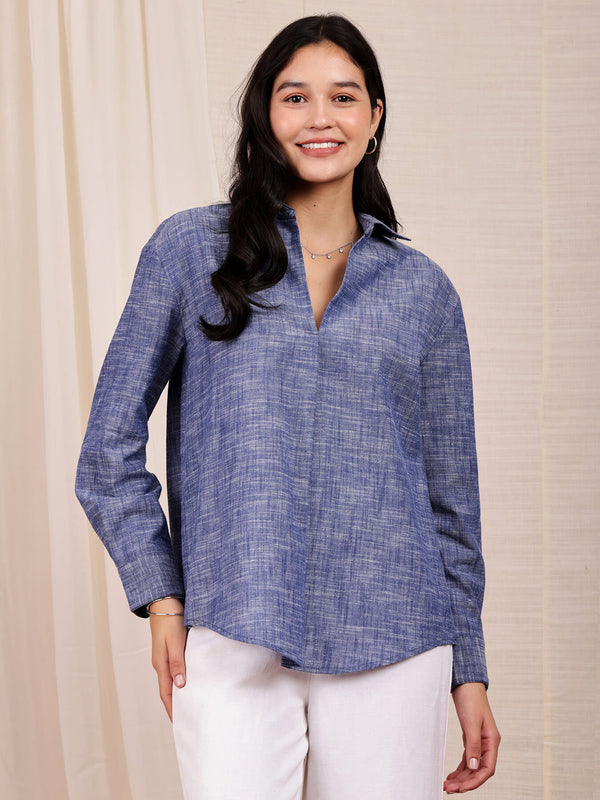 Cotton Solid Chambray Shirt - Blue